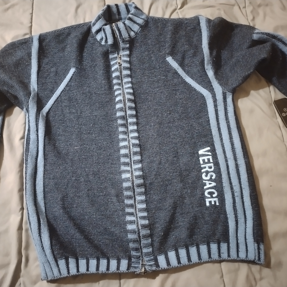 Versace Men's Charcoal and Light Blue Zip-Up Sweater